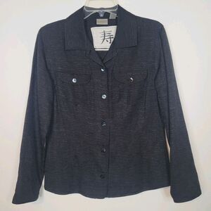 Chicos Silk Linen Shirt Jacket Size 1 Black Long Sleeve Pockets Classic Luxury